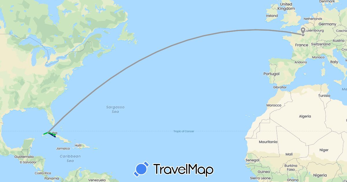 TravelMap itinerary: driving, bus, plane in Cuba, France (Europe, North America)